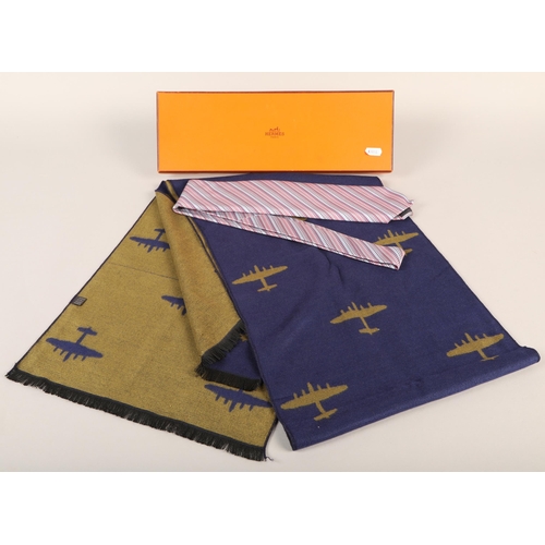 337 - Hermes tie in box and Hermes silk scarf with airplane design