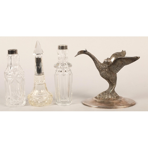 338 - Three silver scent bottles with Spanish silver plated ink well in form of bird