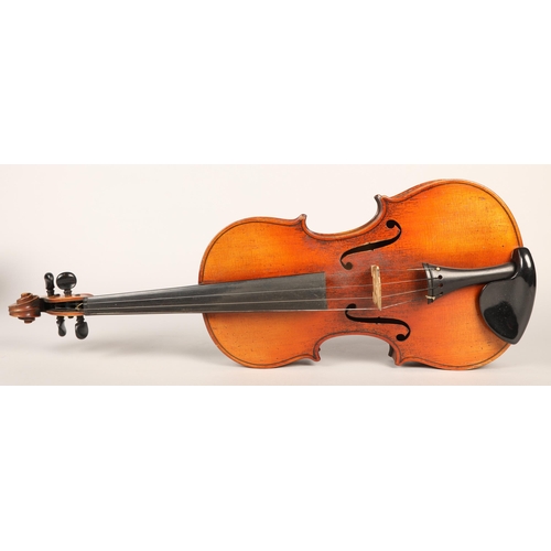 354 - 20th-century violin, length of back: 35.5cm (cased), with bow in case