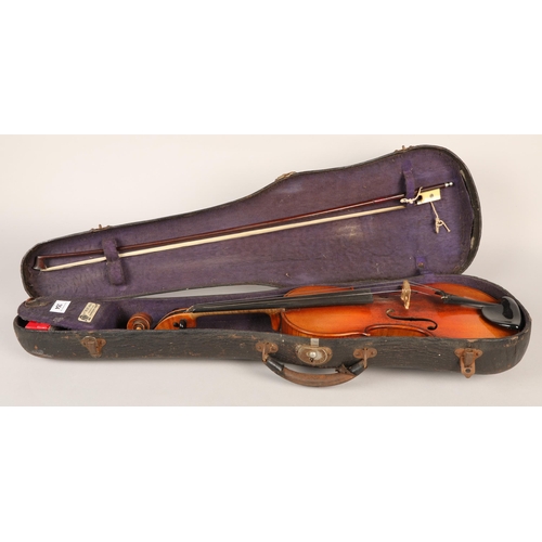 354 - 20th-century violin, length of back: 35.5cm (cased), with bow in case