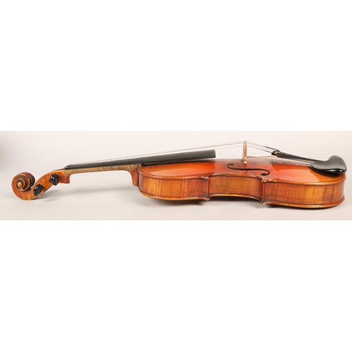 354 - 20th-century violin, length of back: 35.5cm (cased), with bow in case