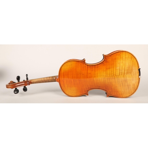 354 - 20th-century violin, length of back: 35.5cm (cased), with bow in case