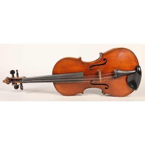 358 - German violin, circa. 1900, after Giovani Paolo Maggini, length of back: 37cm, with bow in case