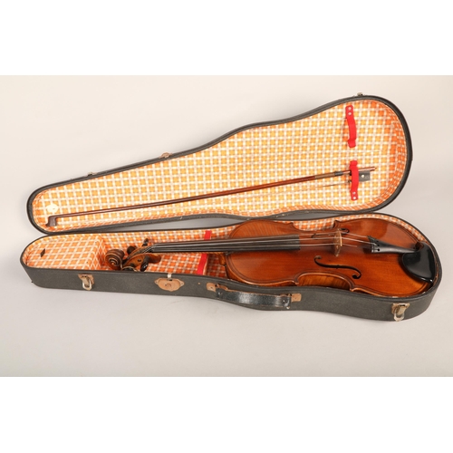 358 - German violin, circa. 1900, after Giovani Paolo Maggini, length of back: 37cm, with bow in case