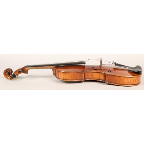 358 - German violin, circa. 1900, after Giovani Paolo Maggini, length of back: 37cm, with bow in case