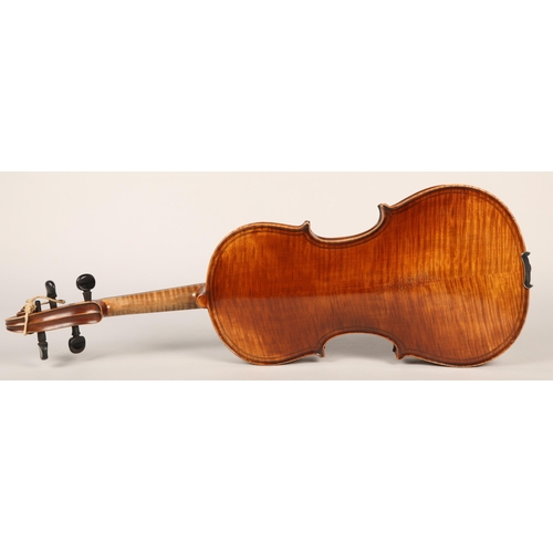 358 - German violin, circa. 1900, after Giovani Paolo Maggini, length of back: 37cm, with bow in case