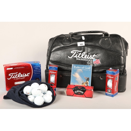 369 - Black leather Titleist golf satchel with Titleist golf balls, etc