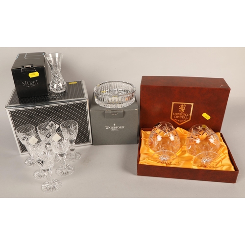 390 - Boxed Edinburgh Crystal whisky glasses, brandy goblets, small Waterford Crystal bottle coaster, etc