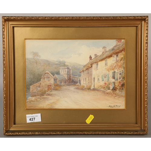 427 - Framed watercolour, village scene, signed Arthur W. Perry, 18cm x 26cm (30cm x 37cm incl. frame)