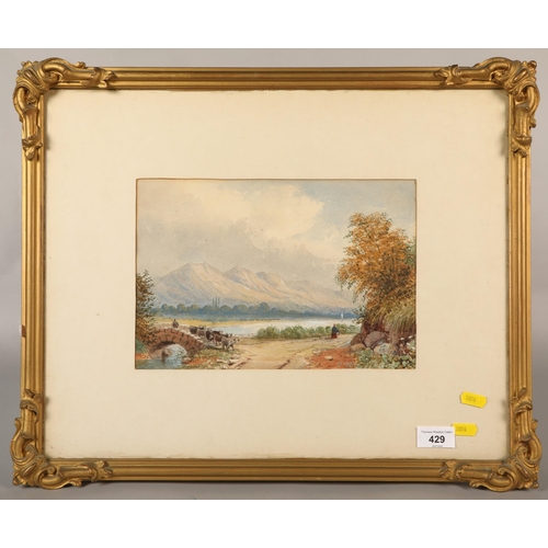 429 - Gilt framed watercolour, river landscape with cattle crossing bridge, 19.5cm x 18.5cm (44cm x 54cm i... 