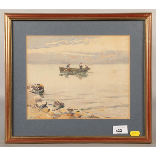 432 - Framed watercolour, rowing boat in Loch, 22cm x 27cm (34cm x 38cm incl. frame)