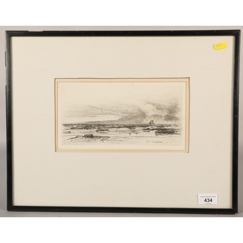 434 - Framed etching, Arran by D. Y. Cameron, 12cm x 25cm (37cm x 47cm incl. frame)