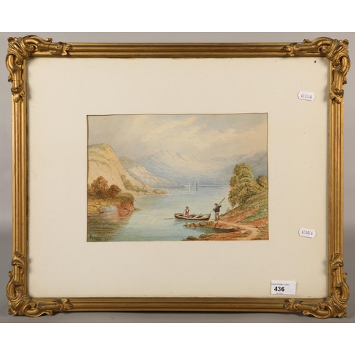 436 - Gilt framed watercolour, lake landscape, signed Hobson, 20cm x 29cm (44cm x 54cm incl. frame)