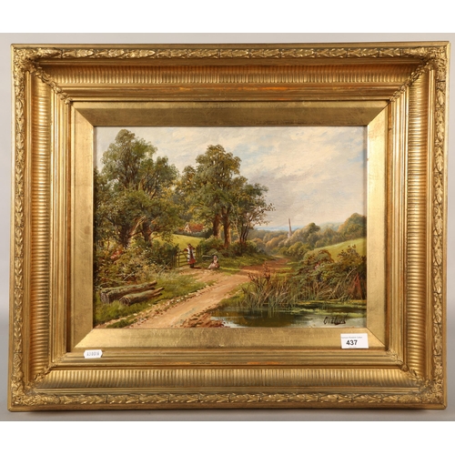 437 - Gilt framed, oil on canvas, figures in country lane, indistinctly signed, 29cm x 39.5cm (52cm x 62cm... 