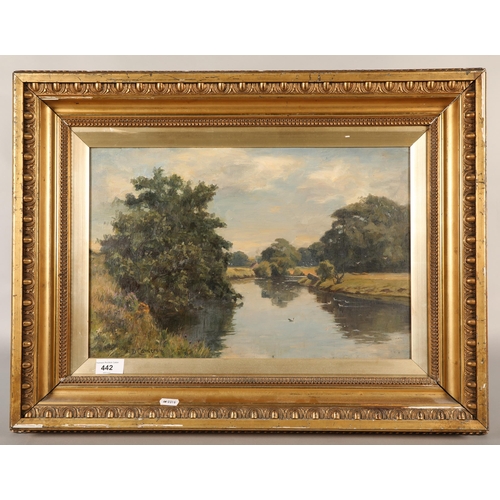 442 - Gilt framed oil on canvas, river landscape by Duncan Cameron, 29.5cm x 44.5cm (50cm x 65cm incl. fra... 