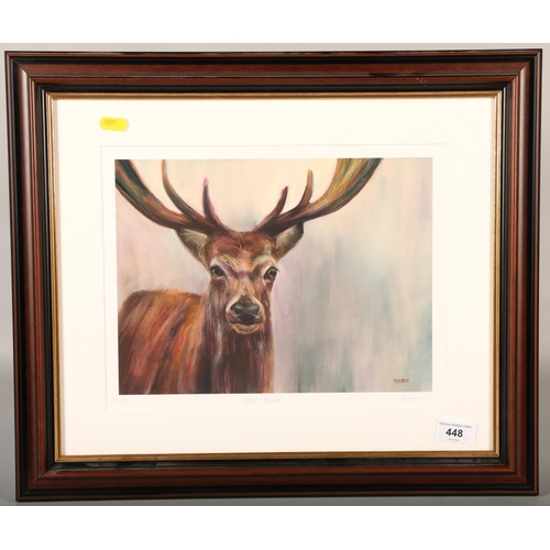 448 - Framed limited edition print, 'Red Deer' by Donna Fleureau, 2/9, 43cm x 50cm (incl. frame)