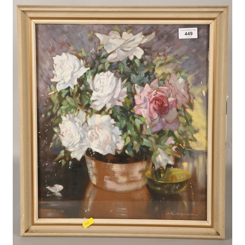 449 - Framed oil on board, still life, signed Jill Fillan, 41.5cm x 36cm (49cm x 43cm incl. frame)