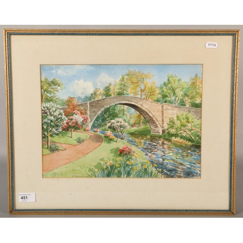 451 - Framed watercolour, 'Brig o' Doon', signed T. Nichol, 26cm x 36cm, 43cm x 53cm (incl. frame)