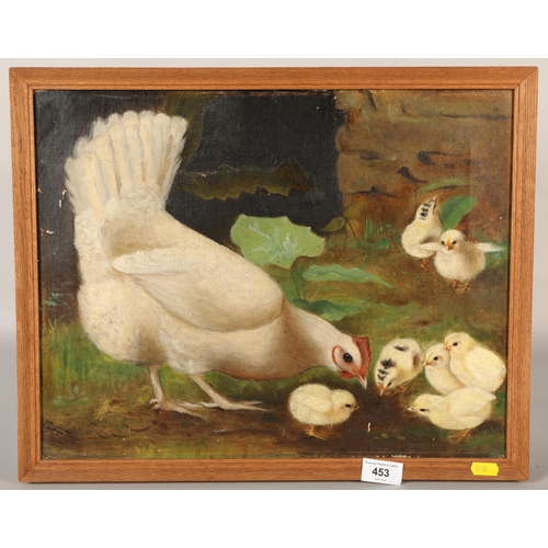 453 - Possibly signed by Duncan, oil on canvas, chicken with chicks, 39cm x 48cm