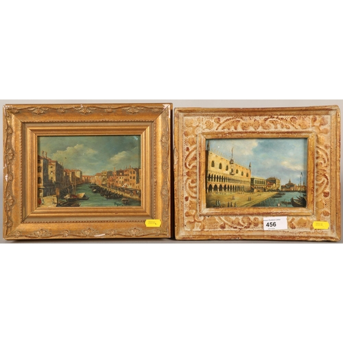 456 - Two miniature gilt framed oil on board, after Canaletto indistinctly signed, 22cm x 27.5cm & 22c... 