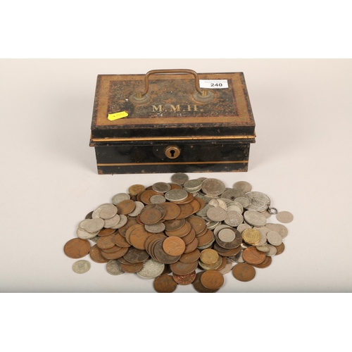 240 - Metal box containing a variety of coins