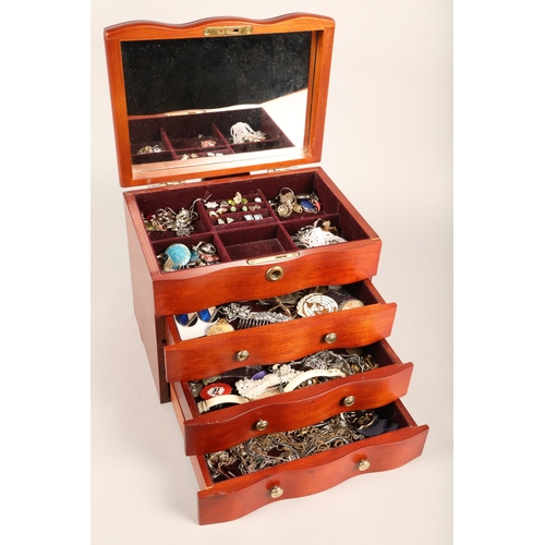 243 - Small mahogany chest containing costume jewellery such as brooches, earrings, rings, etc