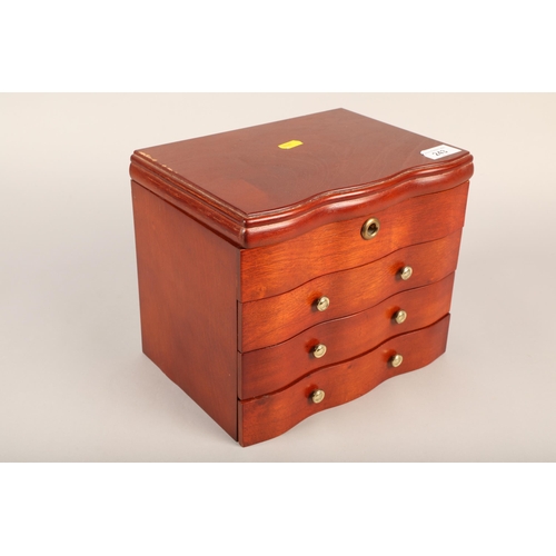 243 - Small mahogany chest containing costume jewellery such as brooches, earrings, rings, etc