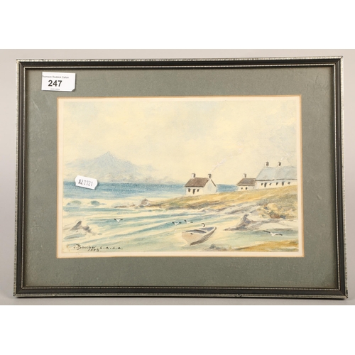 247 - J. Boucher, watercolour on paper, coastal scene with houses and boats, 16cm x 26cm, 27cm x 37cm (inc... 