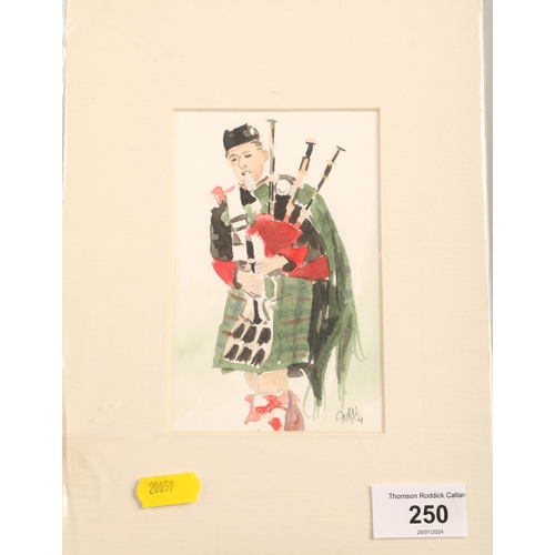 250 - Miniature watercolour of bagpiper, 24cm x 18cm (including paper frame)