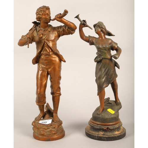 252 - Two cast metal figures of a gentleman and lady playing instruments