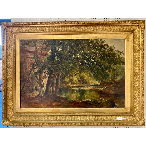 443 - Gilt framed oil on canvas, woodland river scene with figures, unsigned, 59cm x 89.5cm (89cm x 119cm ... 