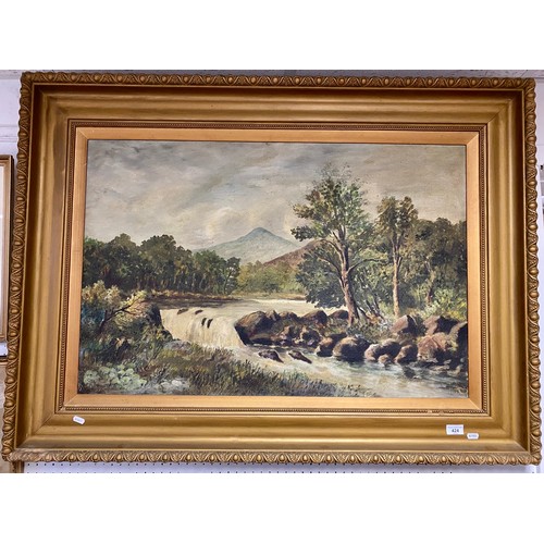 424 - Gilt framed, oil on canvas, river landscape, signed A. J. Campbell, 1915, 59.5cm x 90cm (87cm x 117c... 