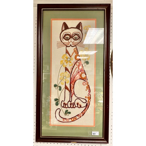 421 - Framed tapestry picture of cat