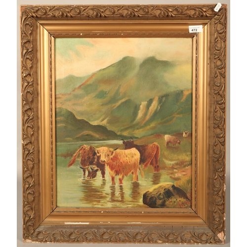 472 - Collection of pictures to include Highland Cattle oil painting, Monet print, etc