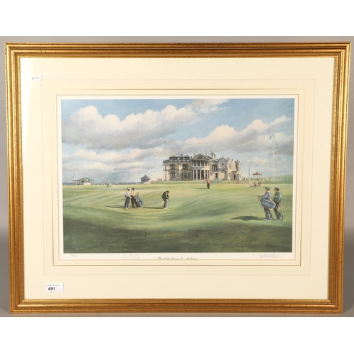 491 - Limited edition framed print, 18th hole at Old Course, St Andrews, signed by S. Valentine-Daines, 60... 