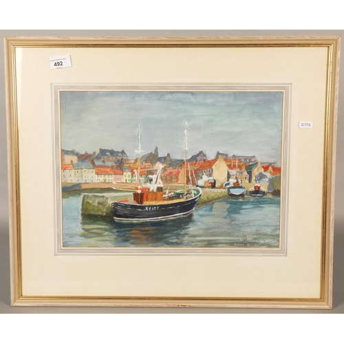 492 - Framed watercolour, 'St Monace Harbour' by Wallace Orr, 1969, 29cm x 41cm (50cm x 60cm)