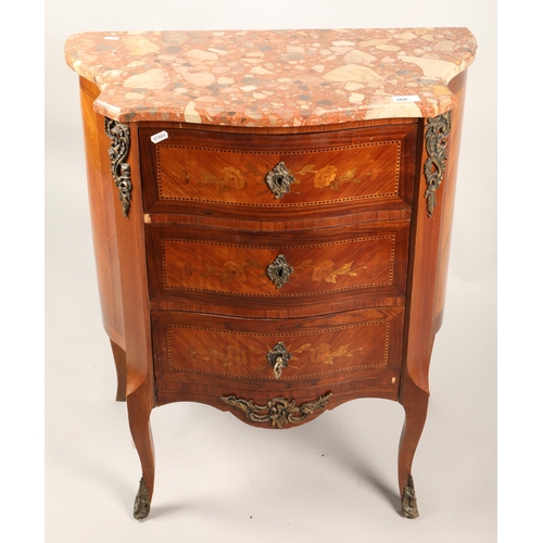 566 - Ornate serpentine three-drawer chest with brass and floral inlaid decoration and alabaster top