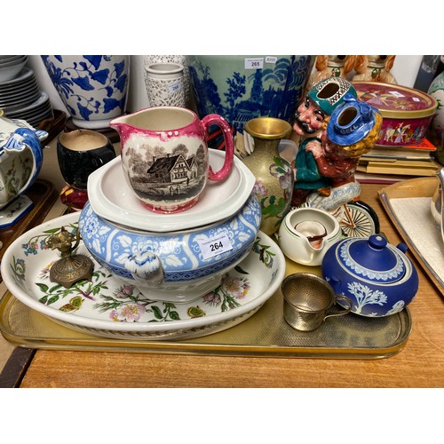 264 - Assorted items to include Wedgwood Jasperware, Toby jugs, silver plated teacup, etc