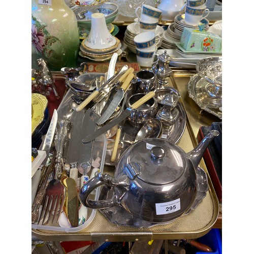 295 - Quantity of silver plated items to include cutlery, milk jug, teapot, tray, etc