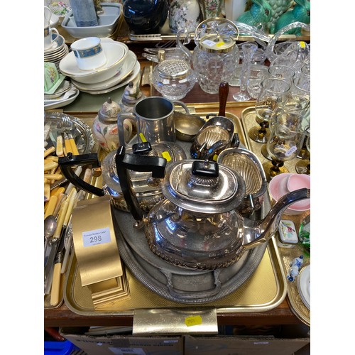 298 - Mantel clock, pewter tankard, silver plated teapot, etc