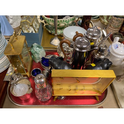 308 - Silver plated coffee pots, assorted silver plated items, elephant figures, mantel clock, etc