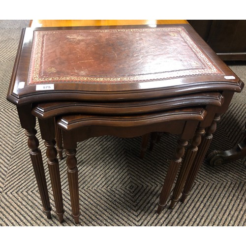 575 - Inlaid mahogany nest of three tables with small carved stool/jardiniere stand (40cm height)