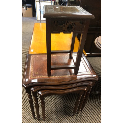 575 - Inlaid mahogany nest of three tables with small carved stool/jardiniere stand (40cm height)