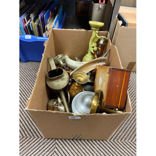 386 - Assorted brassware, silver plated teaware, animal horn, etc