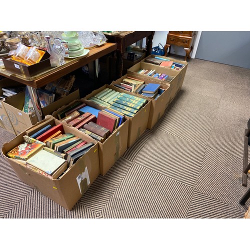 402 - Six boxes of assorted books to include Chambers' Encyclopedia, etc