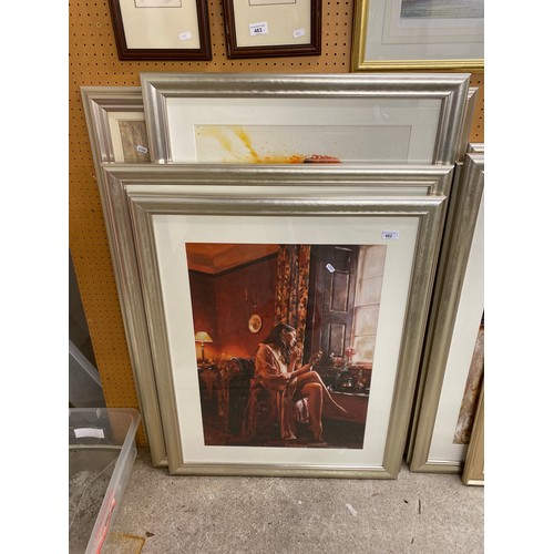 482 - Four large framed prints, three floral and one of a lady