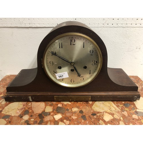 567 - Hardwood mantel clock, presented as a gift from the St Nicholas Masonic Lodge to a lady