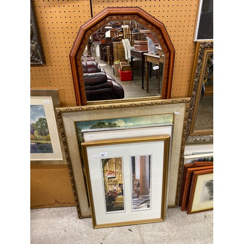 497 - Mirror and four assorted framed prints