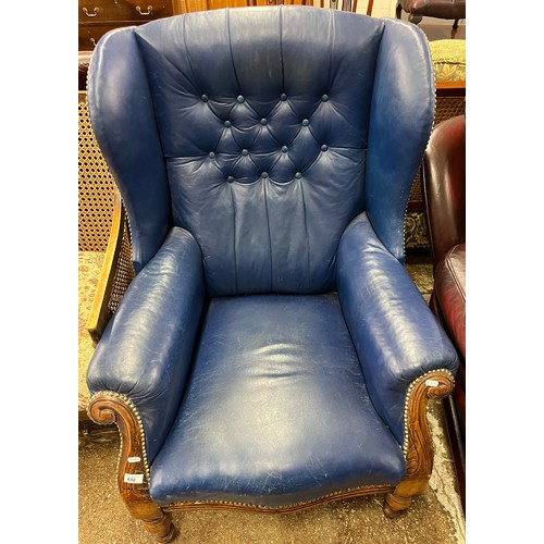 632 - Edwardian mid-blue wing back leather arm chair 