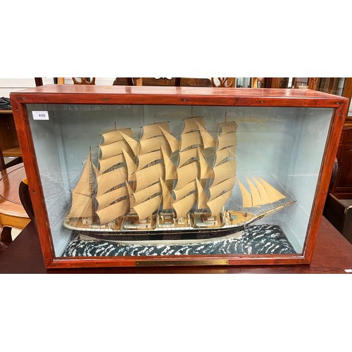 650 - Model of '5 Mast Barque' in glass fronted case, labelled on front ' 5 Mast Barque, Kobenhavn, Built ... 